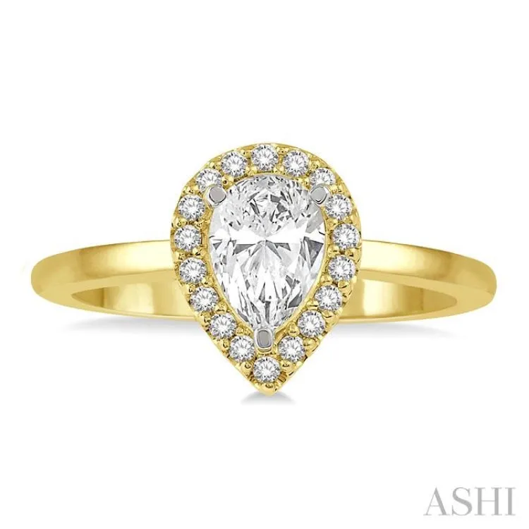 1/3 Ctw Round Cut Diamond Halo Engagement Ring With 1/4 ct Pear Cut Center Stone in 14K Yellow and White Gold