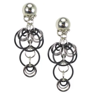 #143e Silver Tone & Black Linked Ring Earrings