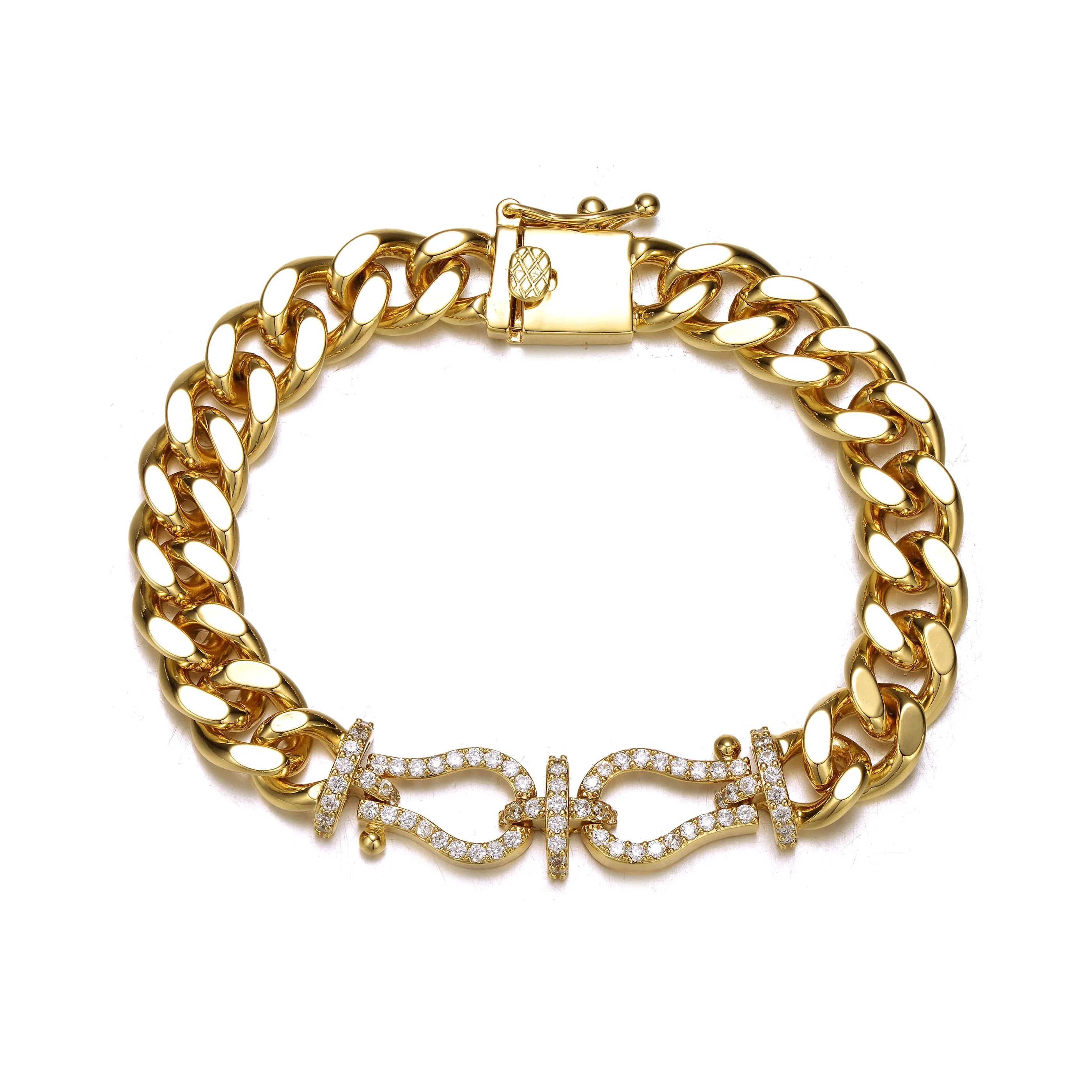 14k Gold Plated with Cubic Zirconia Love Knot Miami Cuban/Curb Chain Bracelet