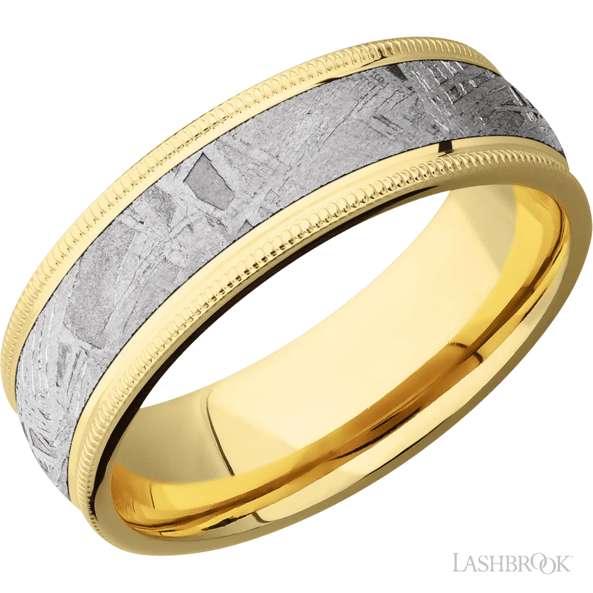 14K Yellow Gold with Polish Finish and Meteorite Inlay Domed Milgrain Edges - 7MM