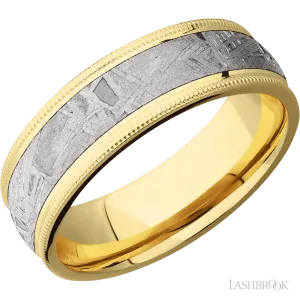 14K Yellow Gold with Polish Finish and Meteorite Inlay Domed Milgrain Edges - 7MM