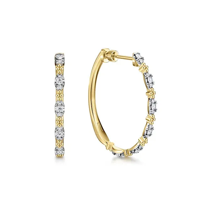 14KY Gold Diamond Station Classic Hoop Earrings