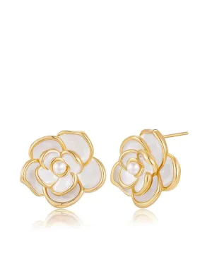 18K Gold White Pearl Post Earrings