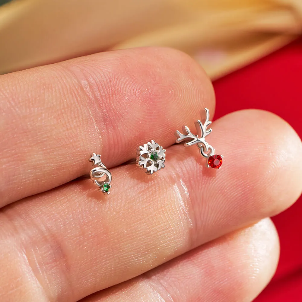 3Pcs 20G Christmas Reindeer/Star/Snowflake Nose Studs Pack