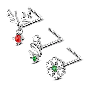 3Pcs 20G Christmas Reindeer/Star/Snowflake Nose Studs Pack