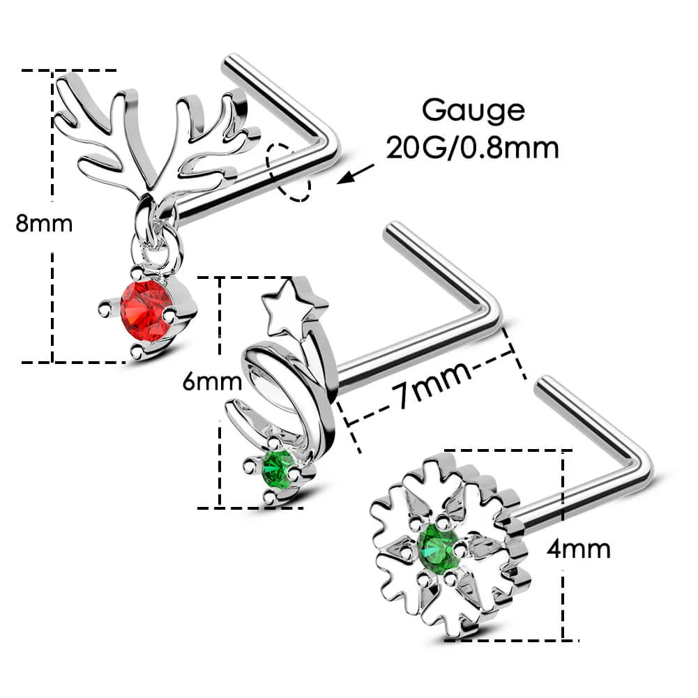 3Pcs 20G Christmas Reindeer/Star/Snowflake Nose Studs Pack