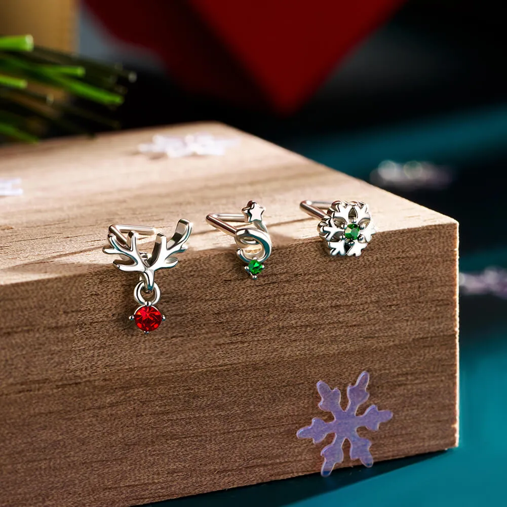 3Pcs 20G Christmas Reindeer/Star/Snowflake Nose Studs Pack