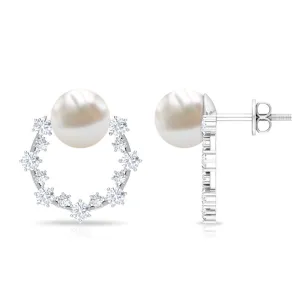 7.25 CT Freshwater Pearl and Diamond Open Circle Stud Earrings