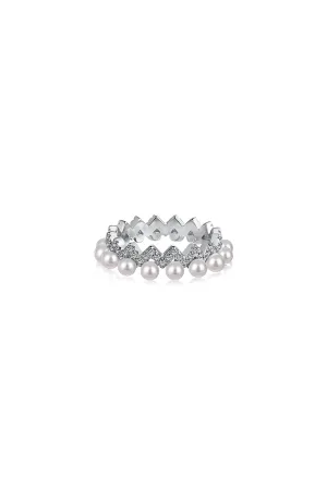 925 Sterling Silver Full Pearl 5A Cubic Zirconia Crown Shaped Ring