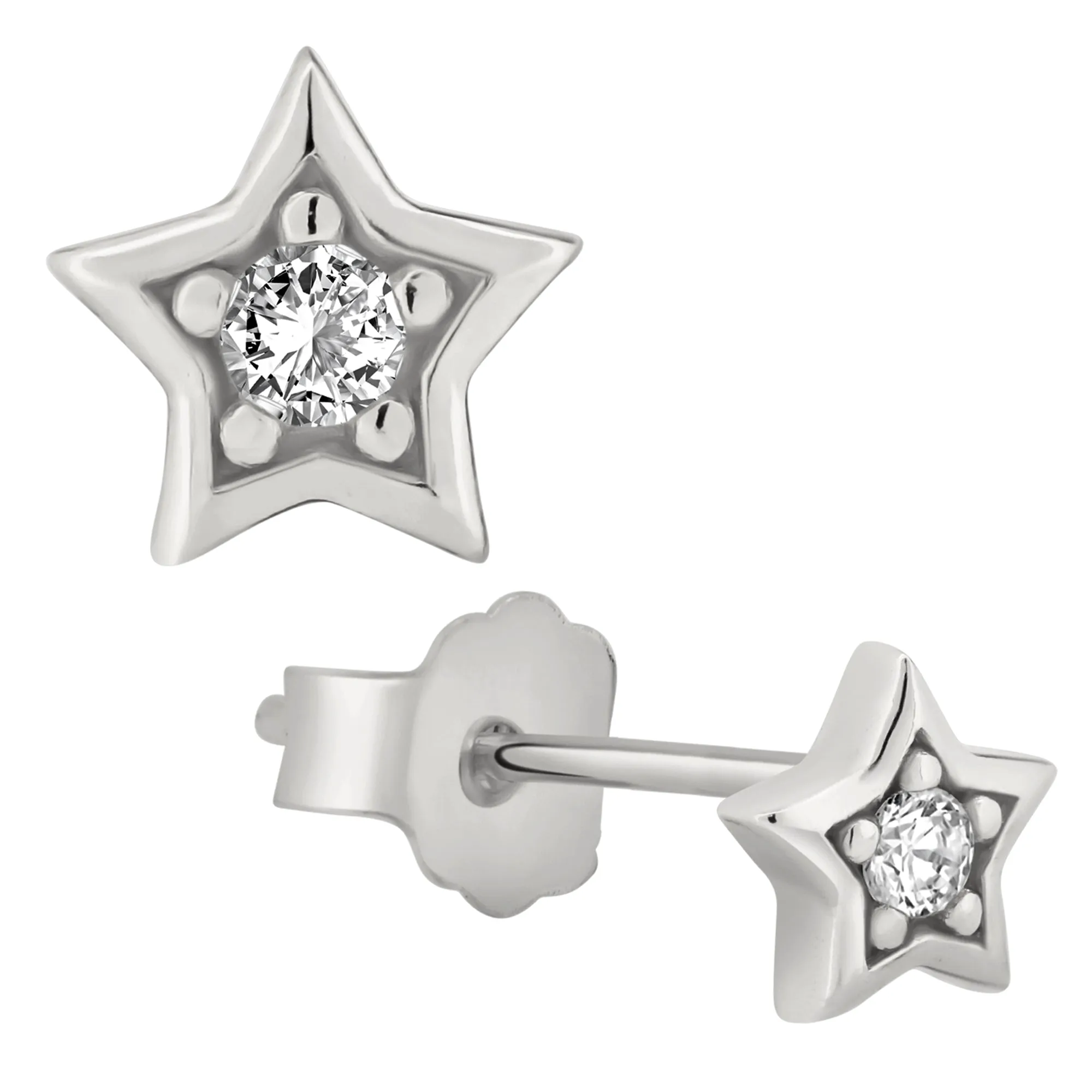 925 Sterling Silver Star Design with Cubic Zirconia Earrings Stud Push Backing