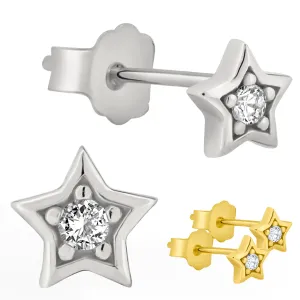 925 Sterling Silver Star Design with Cubic Zirconia Earrings Stud Push Backing