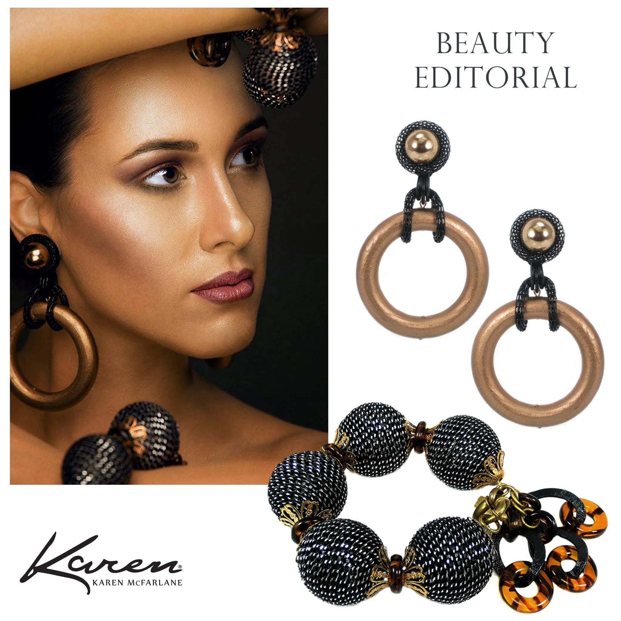 #936e Gold Tone Wood Hoop Earrings With Black Metal Mesh & Button Top