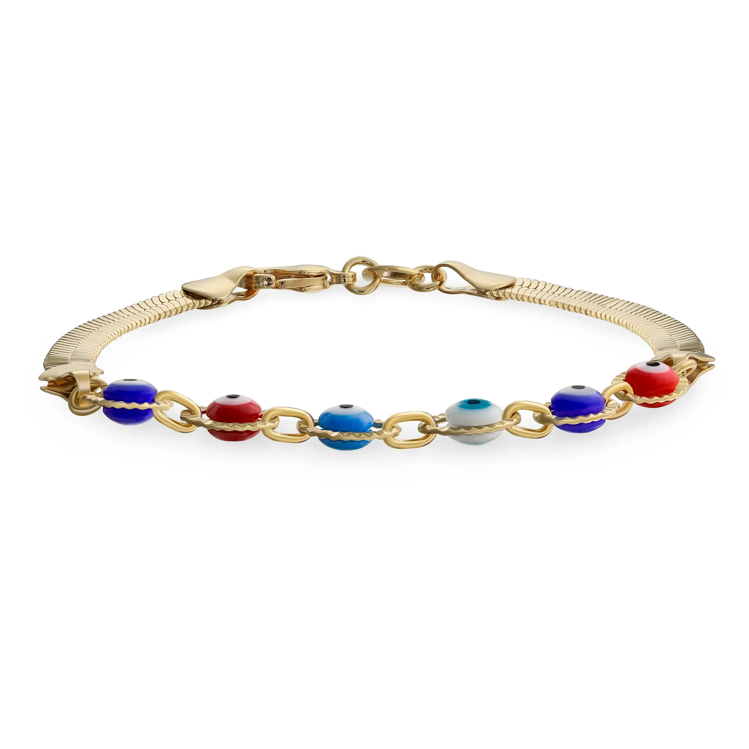 Amulet Multi-Color Evil Eye Strand Bracelet with Gold Plated Snake Chain