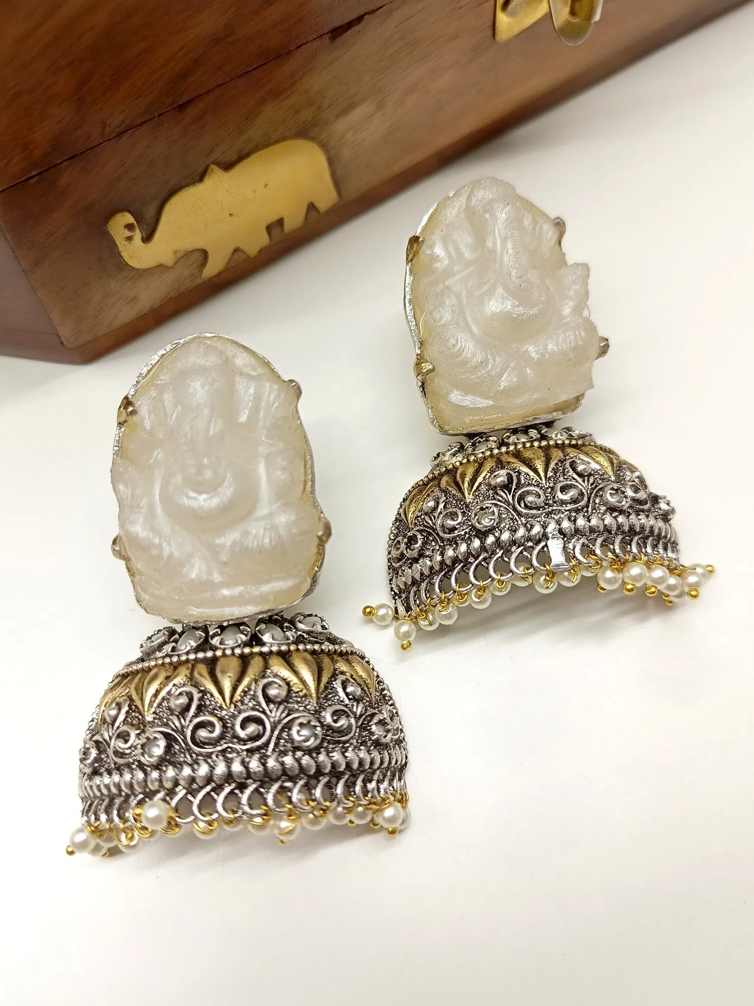 Bahrain Light Gray Ganesh Ji Oxidized Earrings