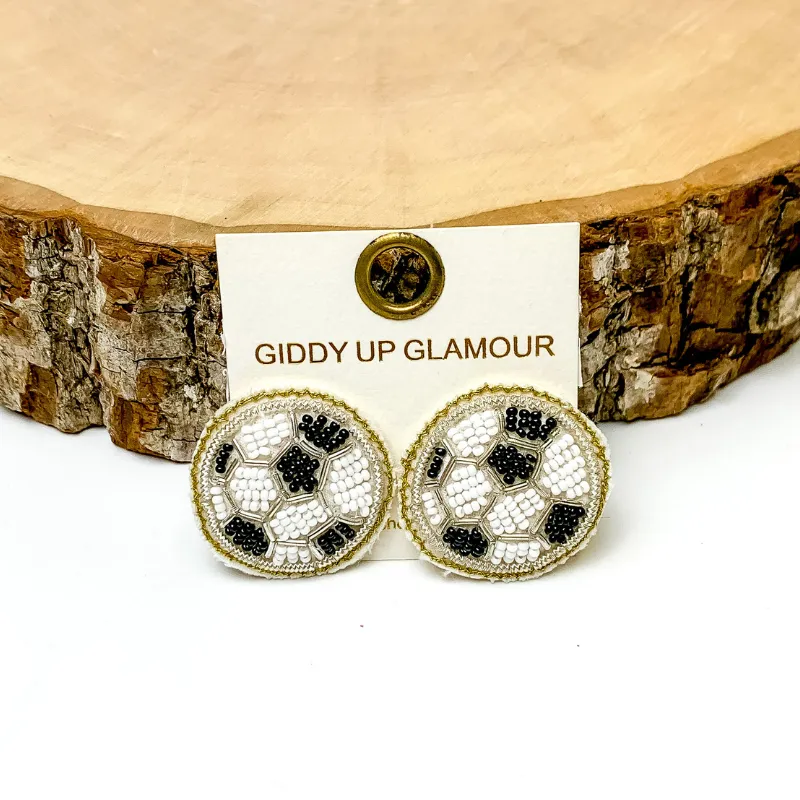 Beaded Soccer Stud Earrings in Black and White