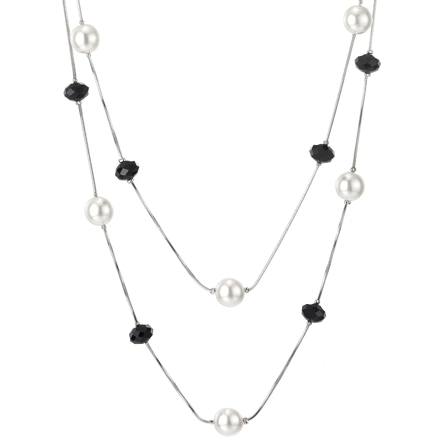 Beads Charms Statement Necklace Two-Strand Long Chains with Black Crystal and Pearl, Fashionable