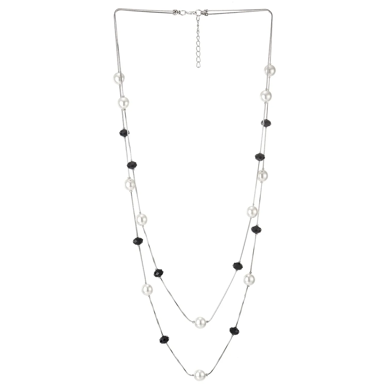 Beads Charms Statement Necklace Two-Strand Long Chains with Black Crystal and Pearl, Fashionable