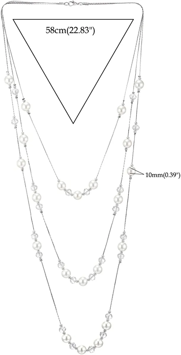 Beads Charms Statement Necklace Two-Strand Long Chains with White Pearls, Fashionable