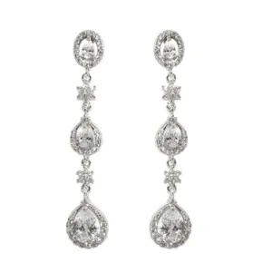 Beautiful Classic 3 Row Round & Pear Shape CZ Long Brass Earrings