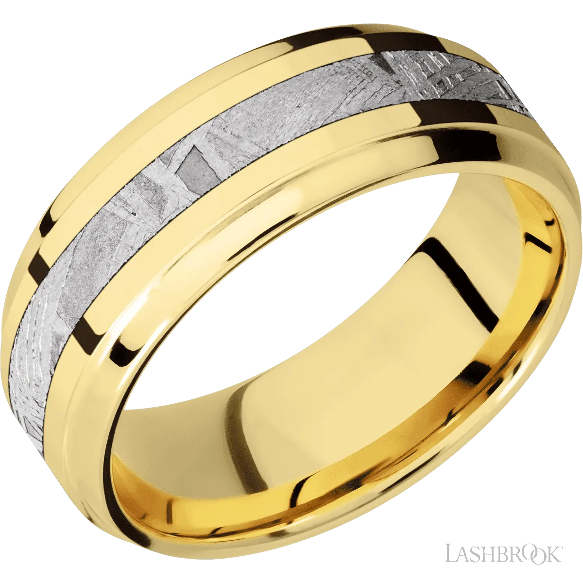 Bevel Stepped 14K Yellow Gold with Polish , Polish Finish and Meteorite Inlay - 8MM