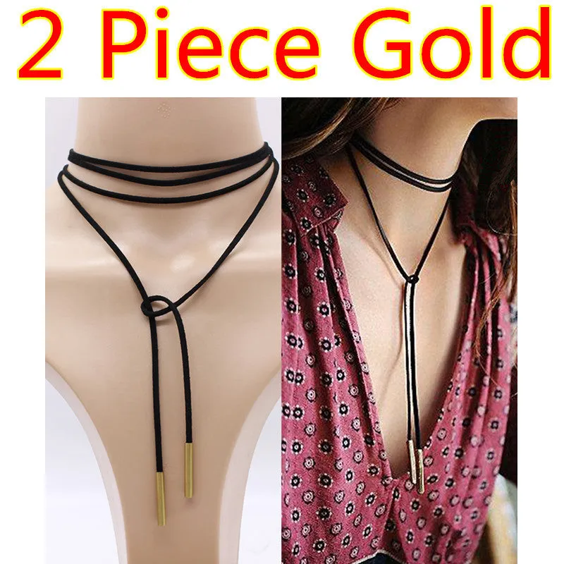 Black leather elegant Fashion Long Rope choker Collar Necklace