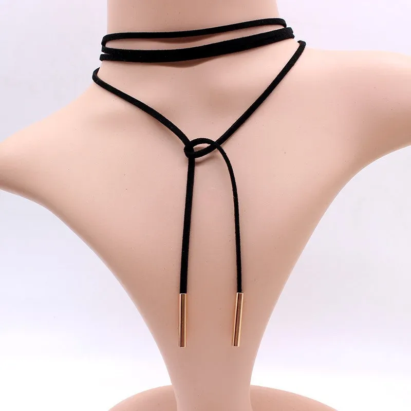 Black leather elegant Fashion Long Rope choker Collar Necklace