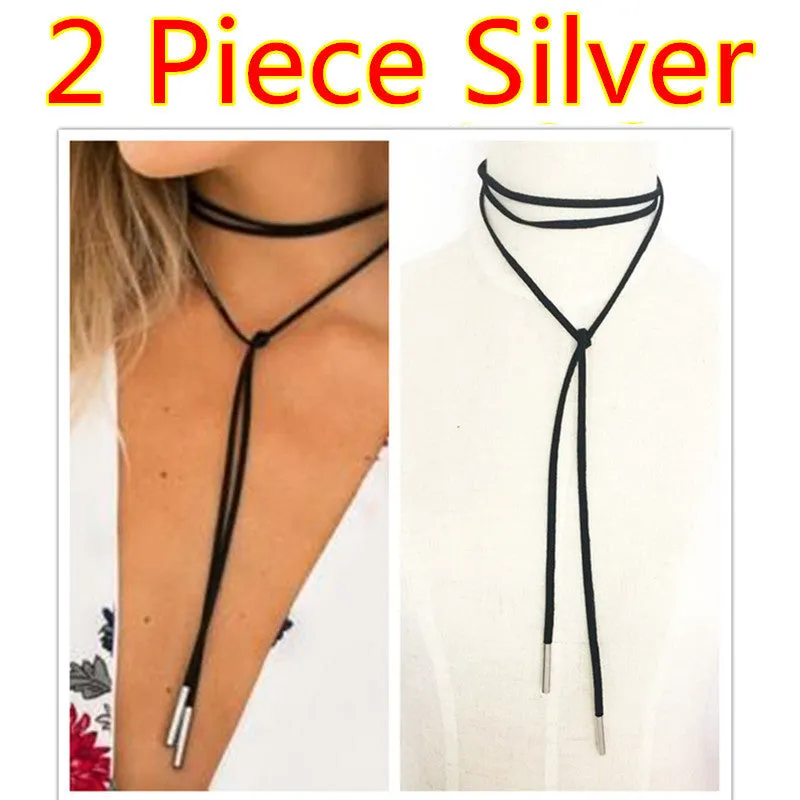 Black leather elegant Fashion Long Rope choker Collar Necklace