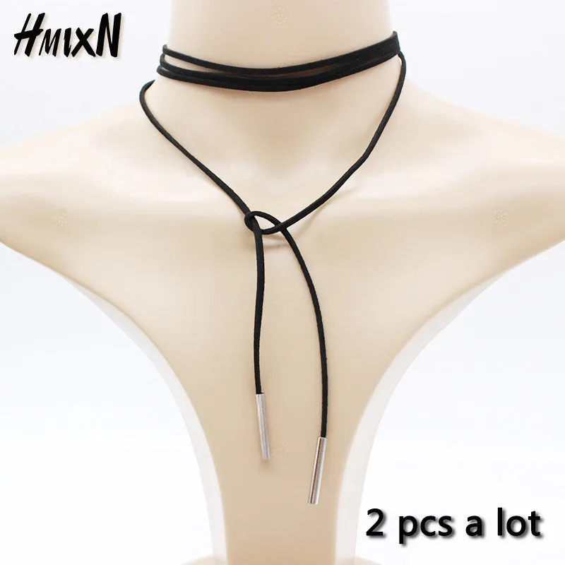 Black leather elegant Fashion Long Rope choker Collar Necklace