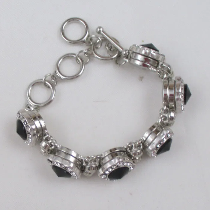 Black Rhinestone Silver Bangle Bracelet