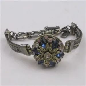 Blue Crystal & Rhinestone Antique Gold Bangle Bracelet