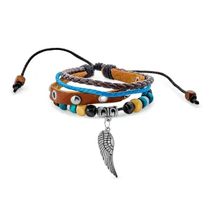 Bohemian Leather Triple Wrap Bracelet with Turquoise Beads and Angel Wing Charm