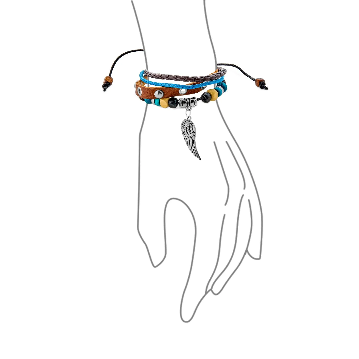 Bohemian Leather Triple Wrap Bracelet with Turquoise Beads and Angel Wing Charm