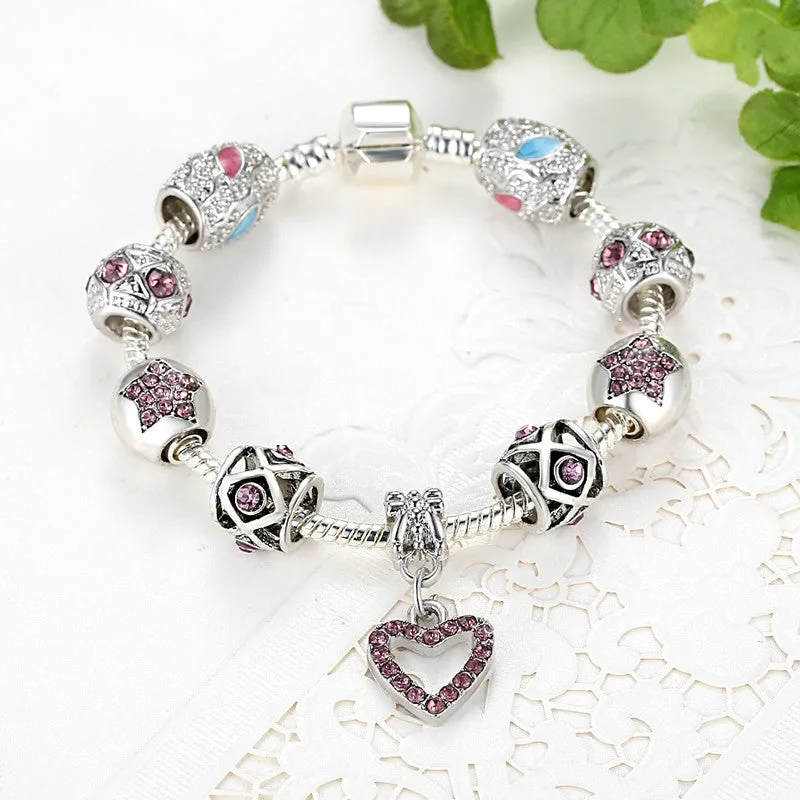 Bracelets For Women Tibetan Silver Plated&Crystal Heart Charm Bracelet&Bangle With CZ Diamond Bracelet Jewelry Pulseira