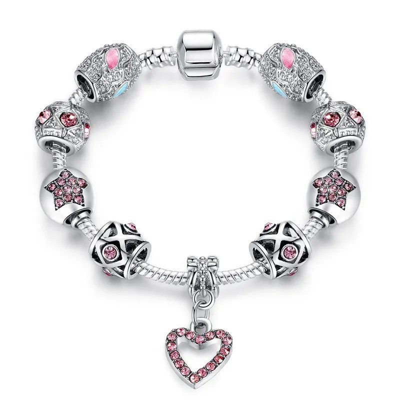 Bracelets For Women Tibetan Silver Plated&Crystal Heart Charm Bracelet&Bangle With CZ Diamond Bracelet Jewelry Pulseira