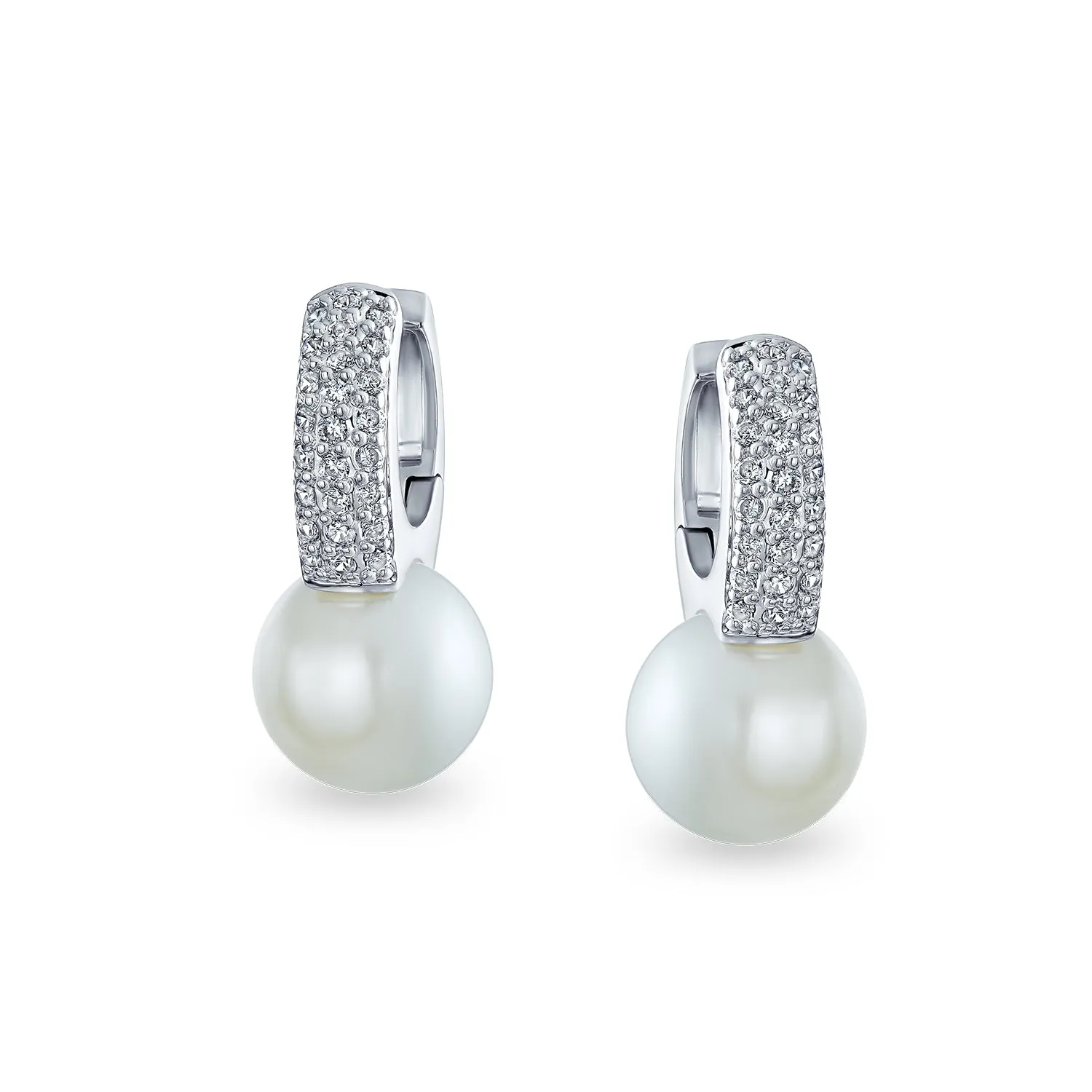 Bridal CZ White Imitation Pearl Hoop Drop Ball Earrings Silver Plated