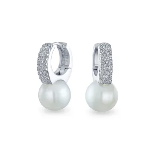 Bridal CZ White Imitation Pearl Hoop Drop Ball Earrings Silver Plated