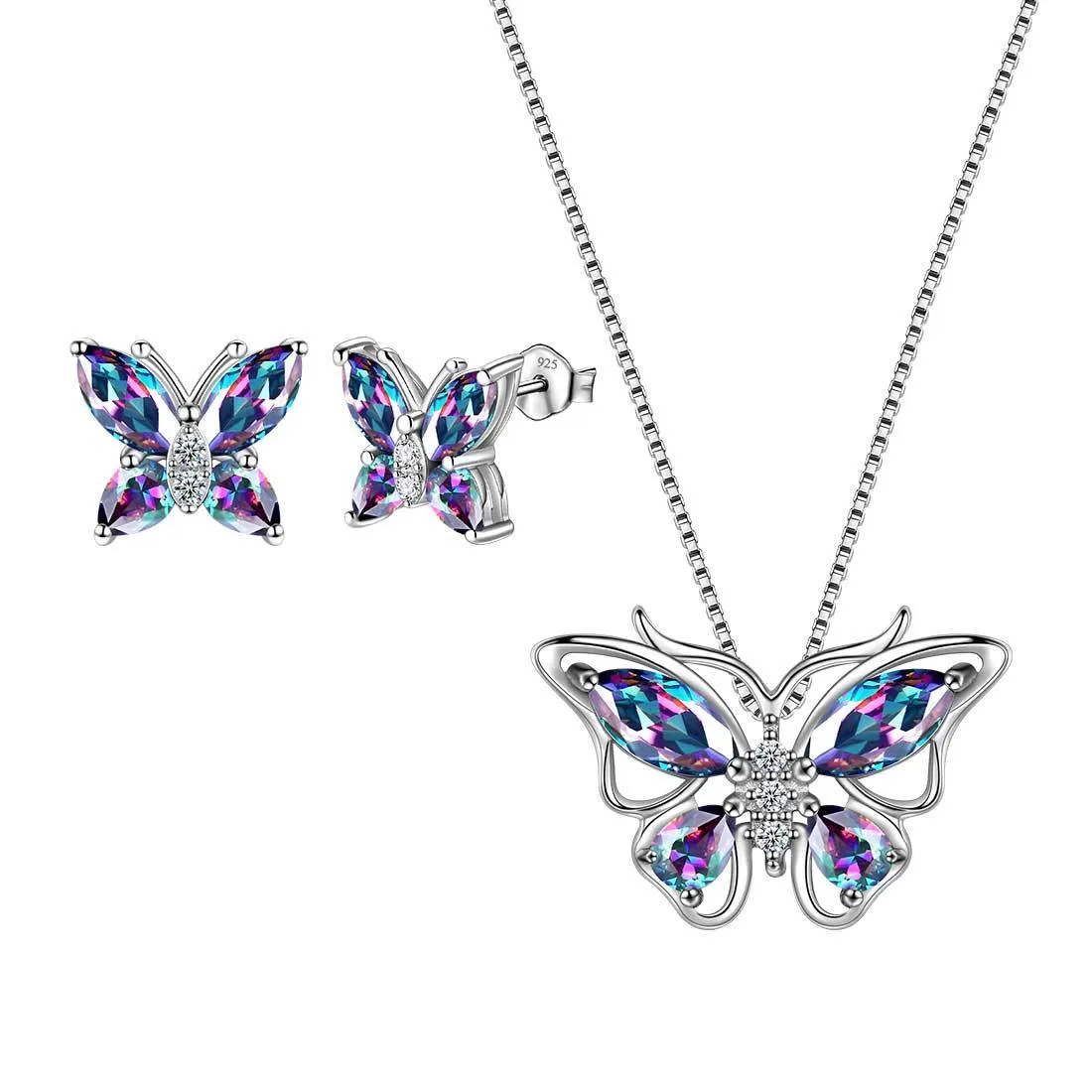 Butterfly Rainbow Mystic Topaz Jewelry Sets 3PCS Women Girls Gift Sterling Silver