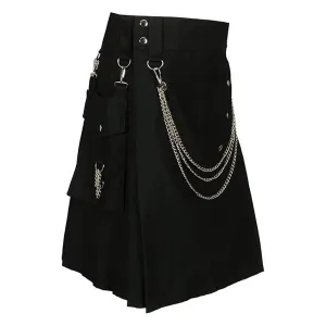 Cargo Utility Fashion Kilt Black with Silver Chains