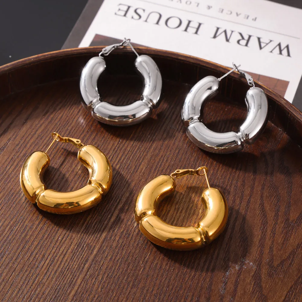 Chic Bamboo Stitched Titanium Gold Earrings