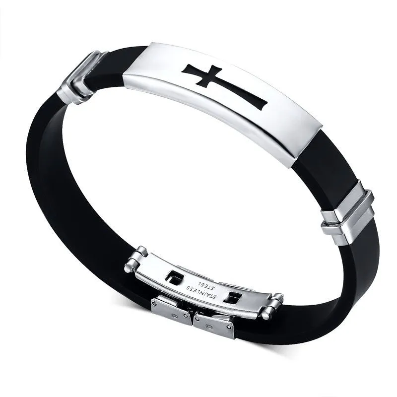 Cross Black Silicone Stainless Steel Spring Clasp Simple Design Bracelets