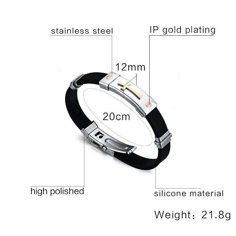 Cross Bracelet For Men Women Black Silicone Bracelets Stainless Steel Spring Clasp Jewelry Simple Design