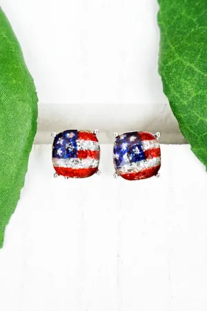 Crystal Avenue American Flag Glitter Cushion Cut Stud Silvertone Earrings