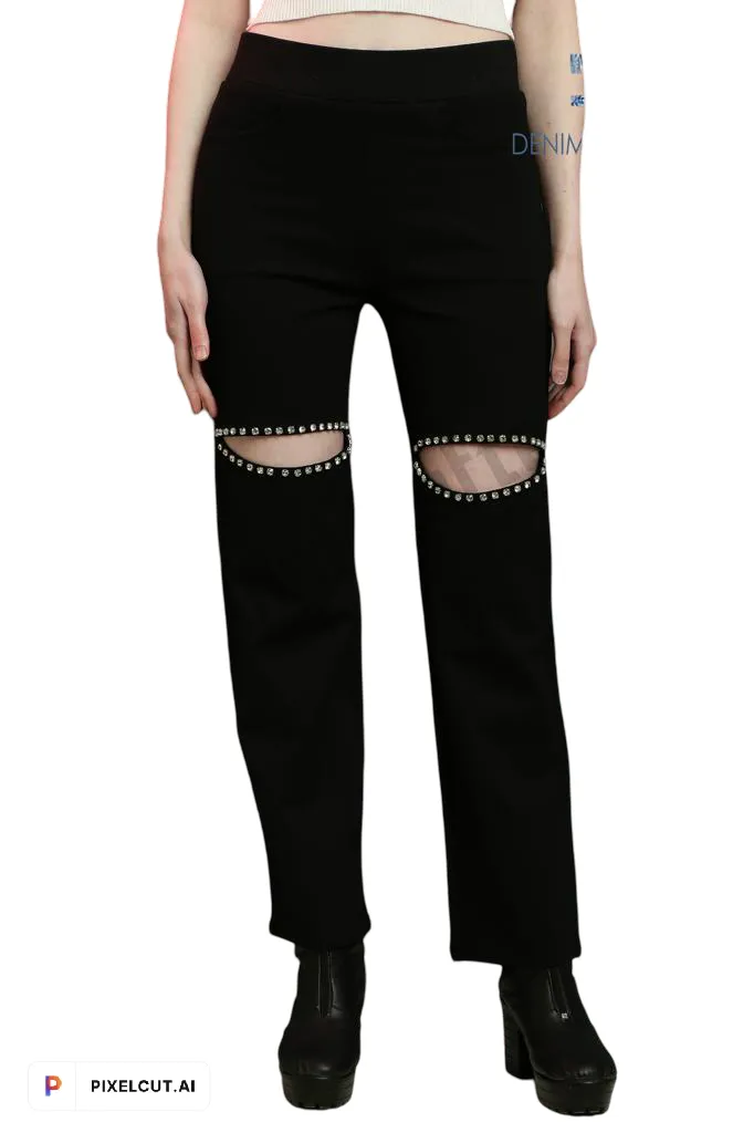 Crystal slit knee stone cut pant - Black