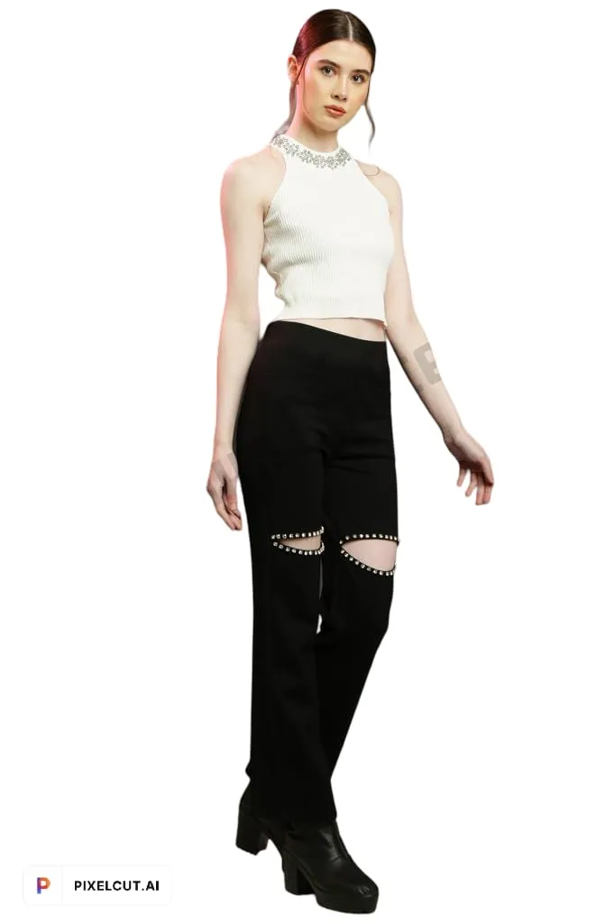 Crystal slit knee stone cut pant - Black