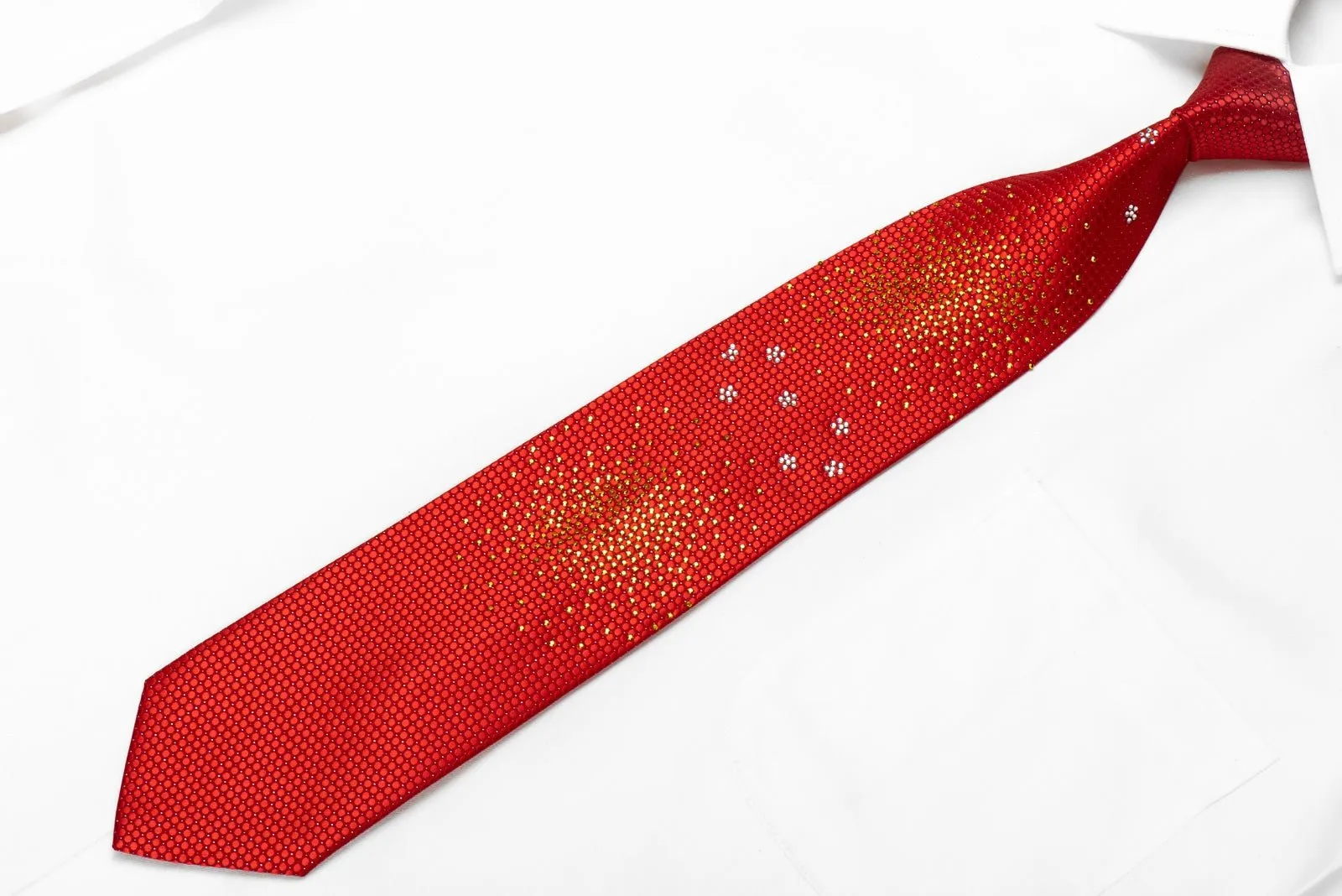 Dandy Men's Crystal Silk Tie Micro Circles On Red With Silver Sparkles