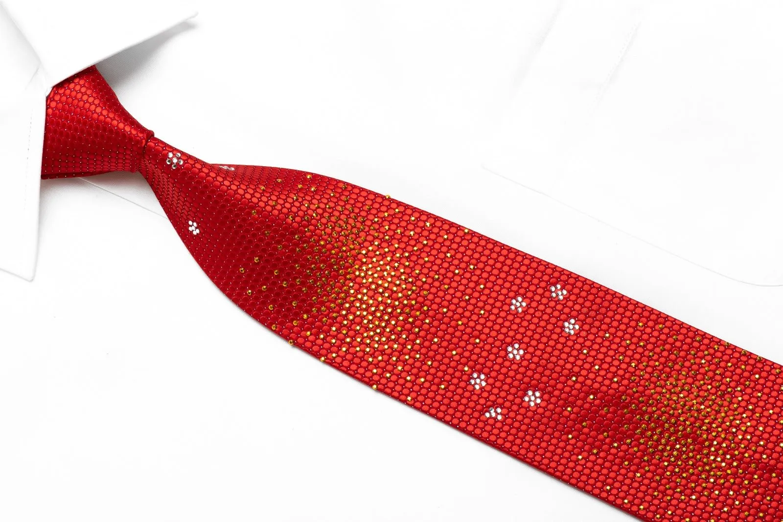 Dandy Men's Crystal Silk Tie Micro Circles On Red With Silver Sparkles