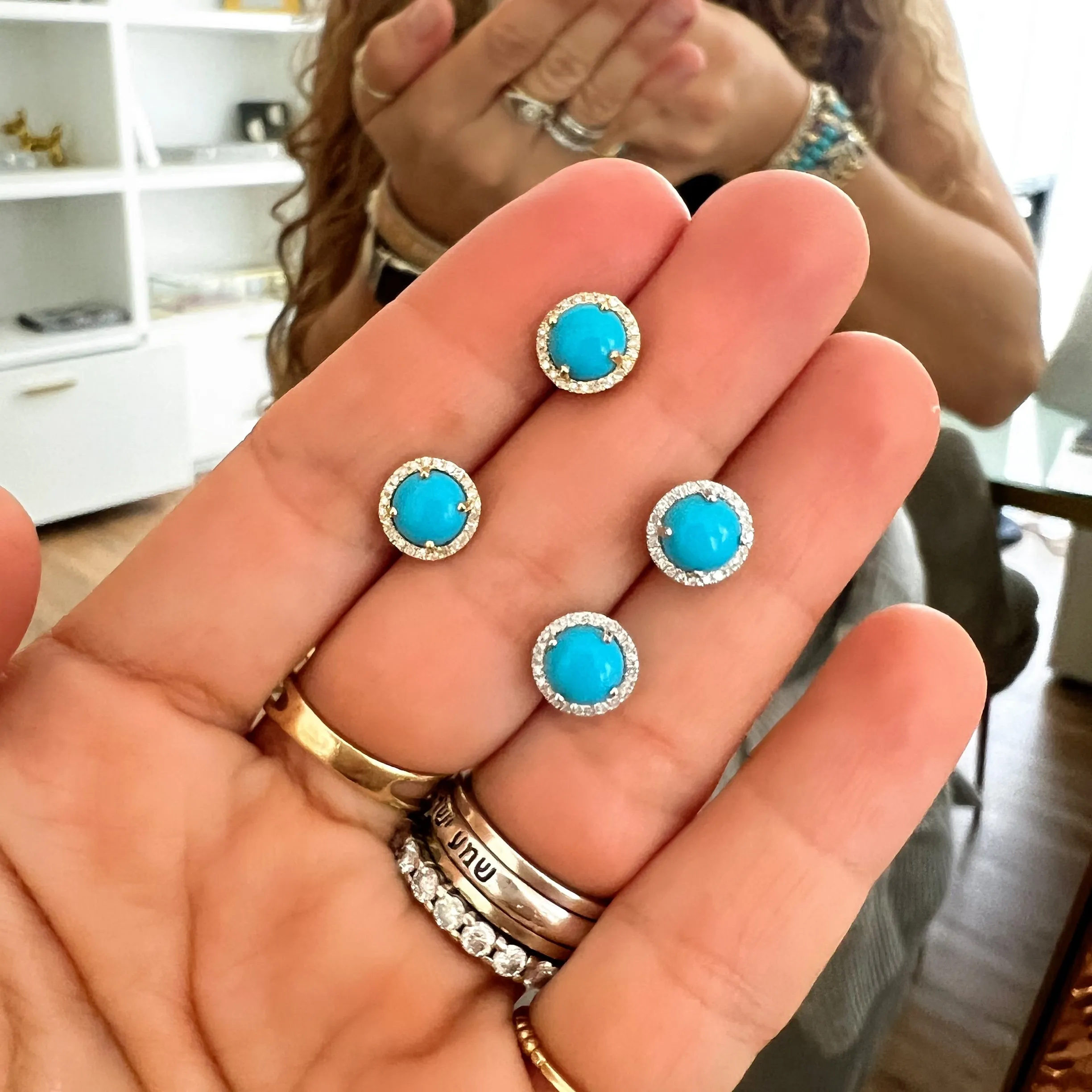 Diamond Halo Turquoise Cabochon Studs