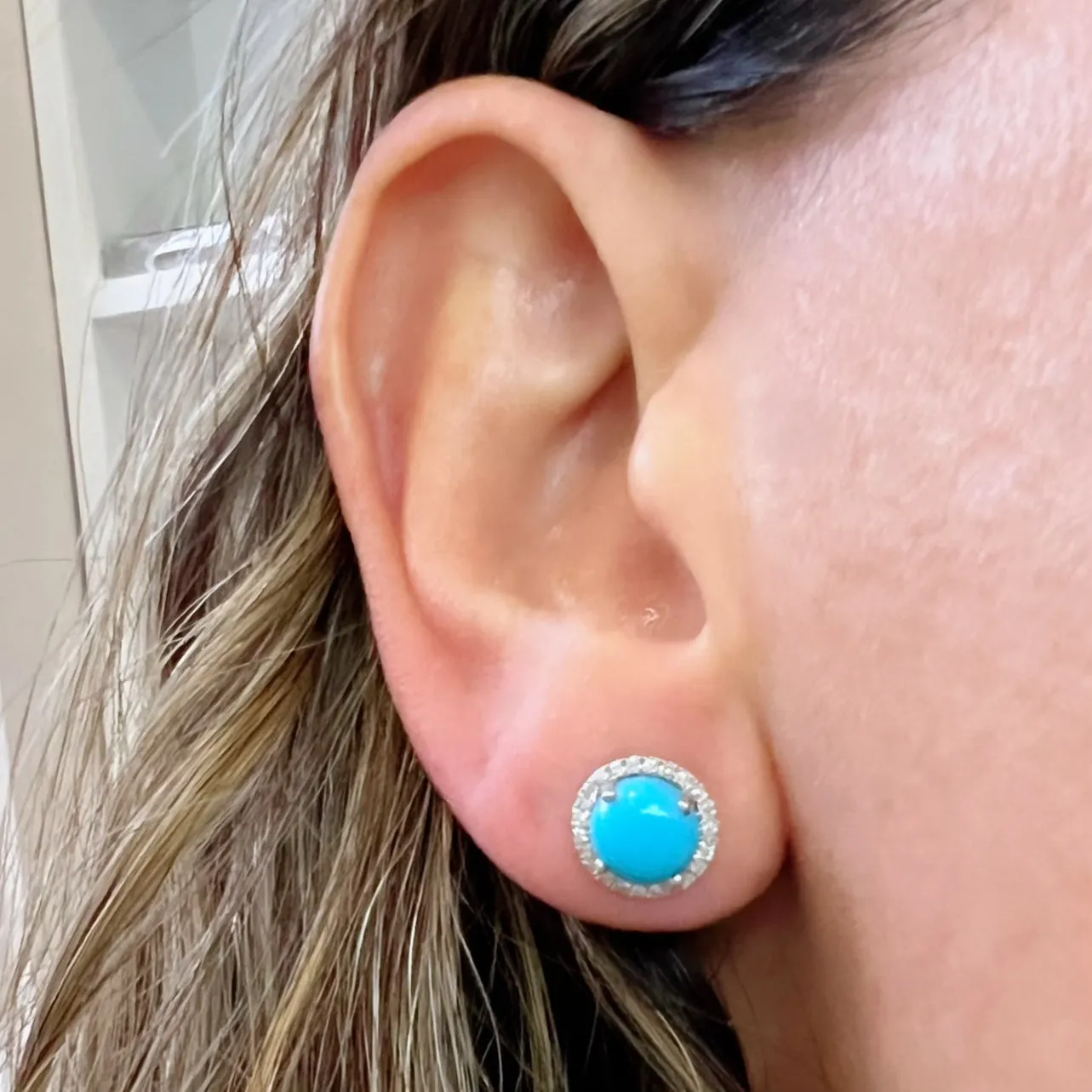 Diamond Halo Turquoise Cabochon Studs