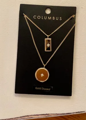 Double Gold Necklace with Round and Rectangle Charms