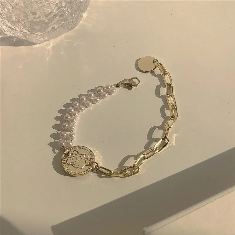 Double-layer Pearl Portrait Gold Coin Temperament Simple And Versatile Bracelet